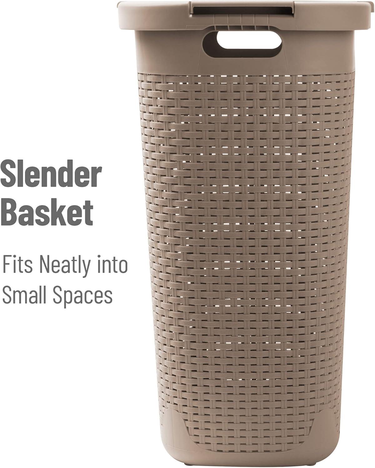 imageMind Reader Slim Laundry Hamper with Lid 60L Clothes Baskets Wicker Design Plastic 1765L x 1375W x 2415H 2Pack Tan