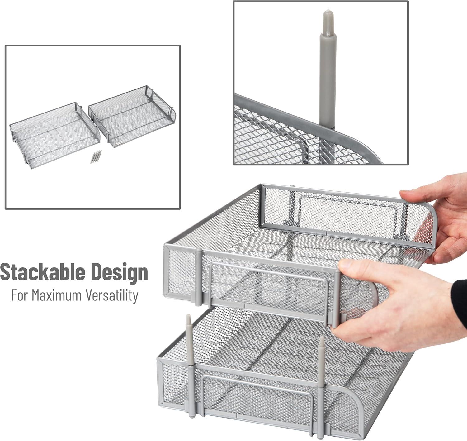 imageMind Reader Stackable Paper Tray Desktop Organizer File Storage Office Metal Mesh 135 L x 10 W x 725 H 2 Pcs WhiteSilver