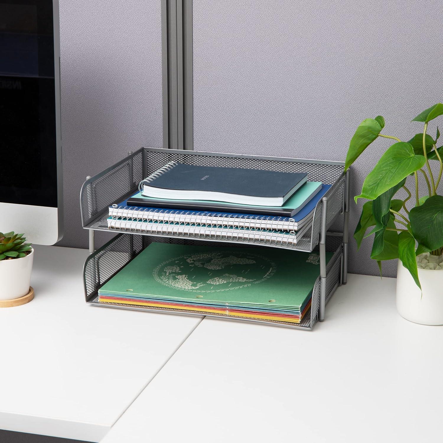 imageMind Reader Stackable Paper Tray Desktop Organizer File Storage Office Metal Mesh 135 L x 10 W x 725 H 2 Pcs WhiteSilver
