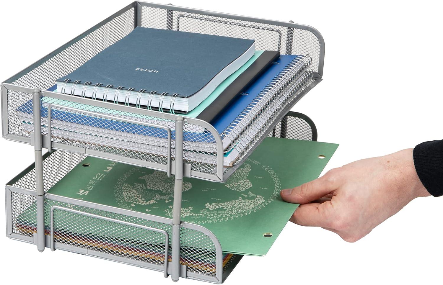 imageMind Reader Stackable Paper Tray Desktop Organizer File Storage Office Metal Mesh 135 L x 10 W x 725 H 2 Pcs WhiteSilver