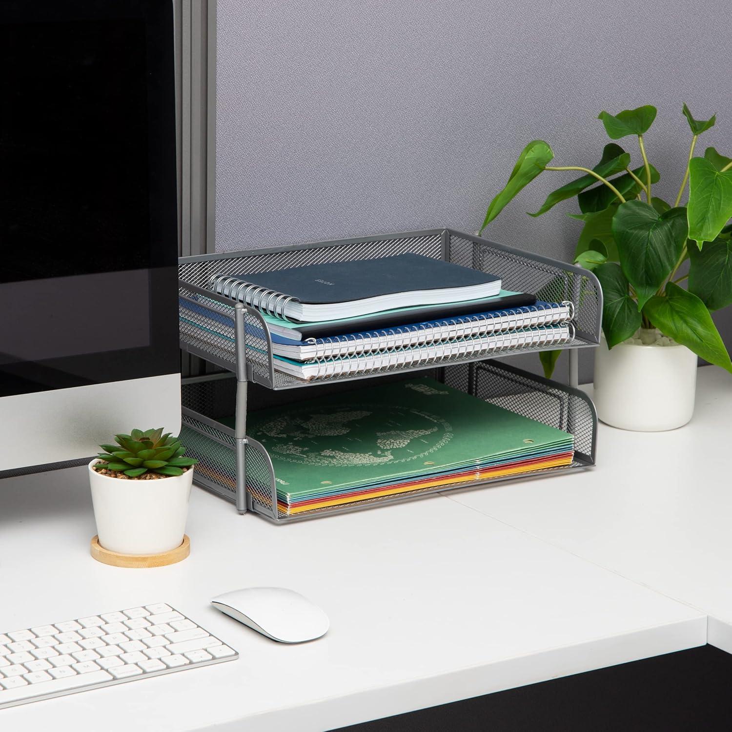 imageMind Reader Stackable Paper Tray Desktop Organizer File Storage Office Metal Mesh 135 L x 10 W x 725 H 2 Pcs WhiteSilver
