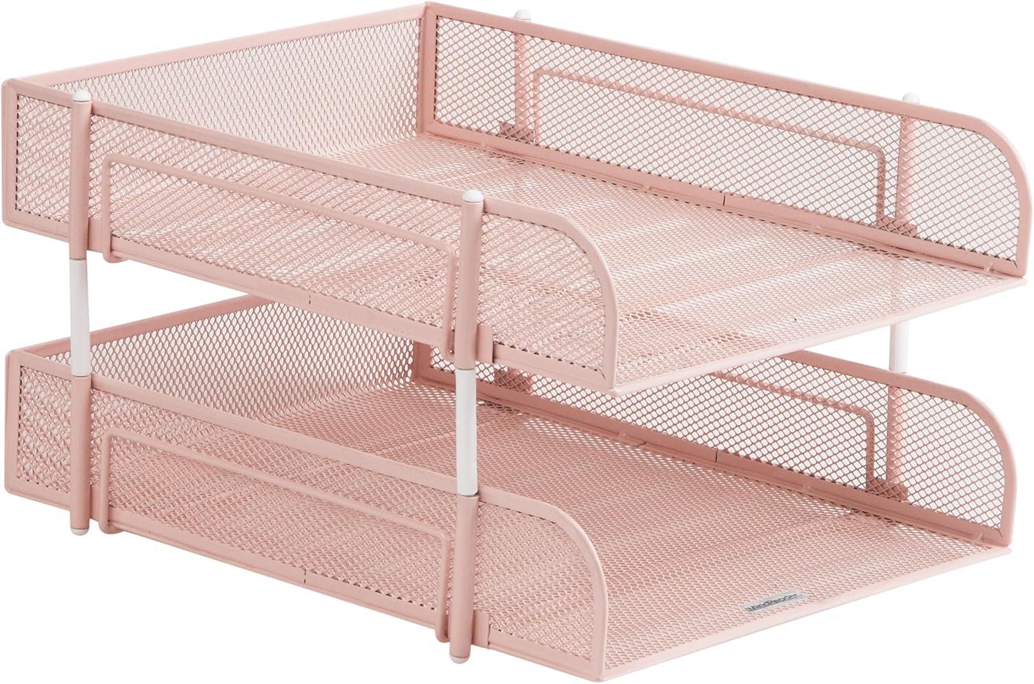 imageMind Reader Stackable Paper Tray Desktop Organizer File Storage Office Metal Mesh 2 Pcs PinkPink
