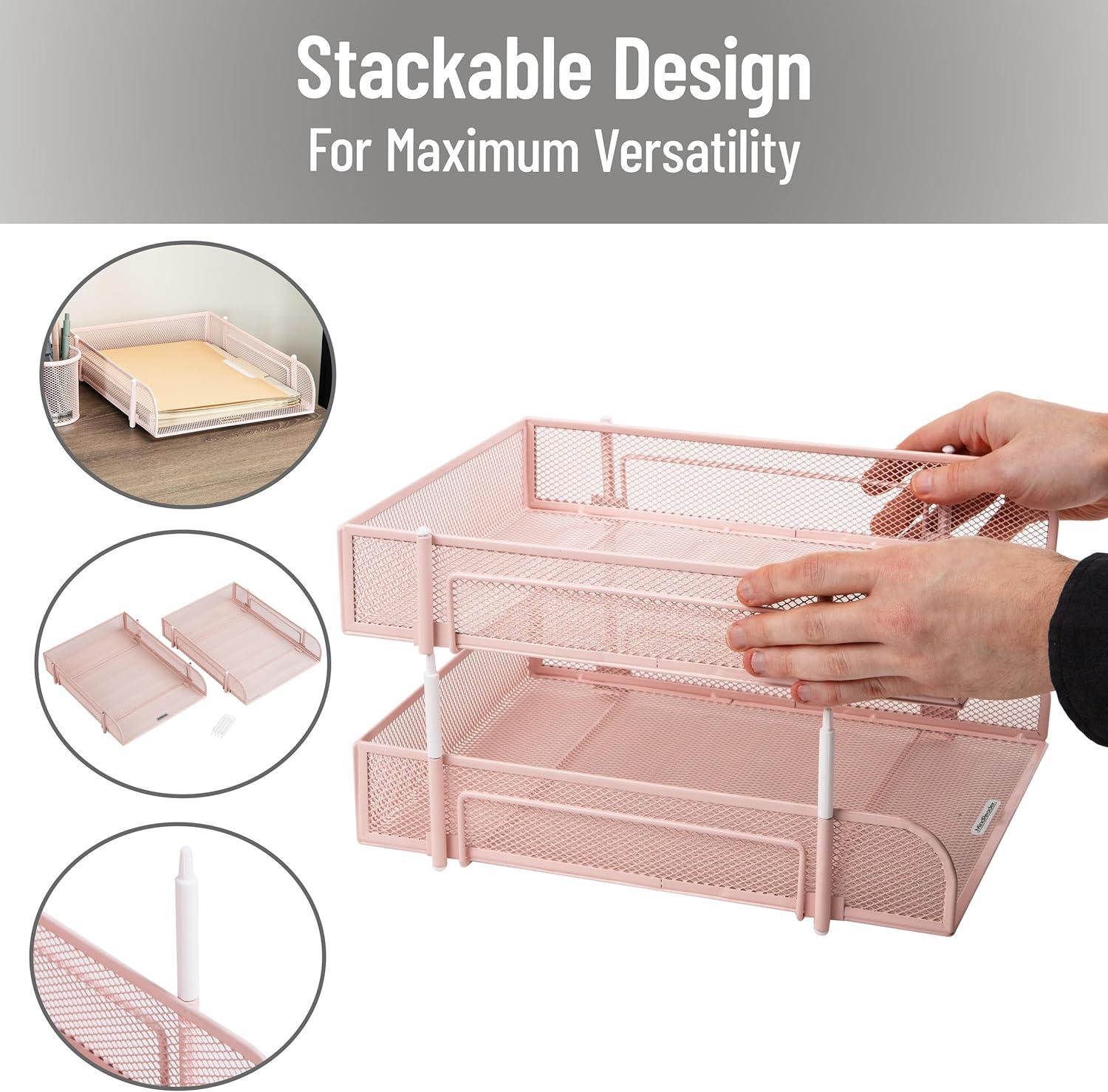 imageMind Reader Stackable Paper Tray Desktop Organizer File Storage Office Metal Mesh 2 Pcs PinkPink