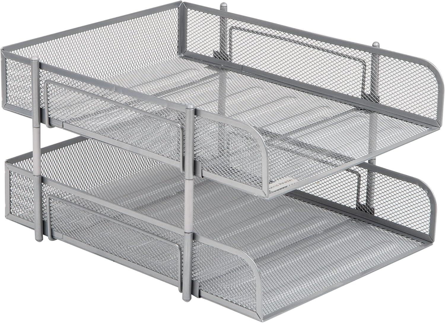 imageMind Reader Stackable Paper Tray Desktop Organizer File Storage Office Metal Mesh 2 Pcs PinkSilver
