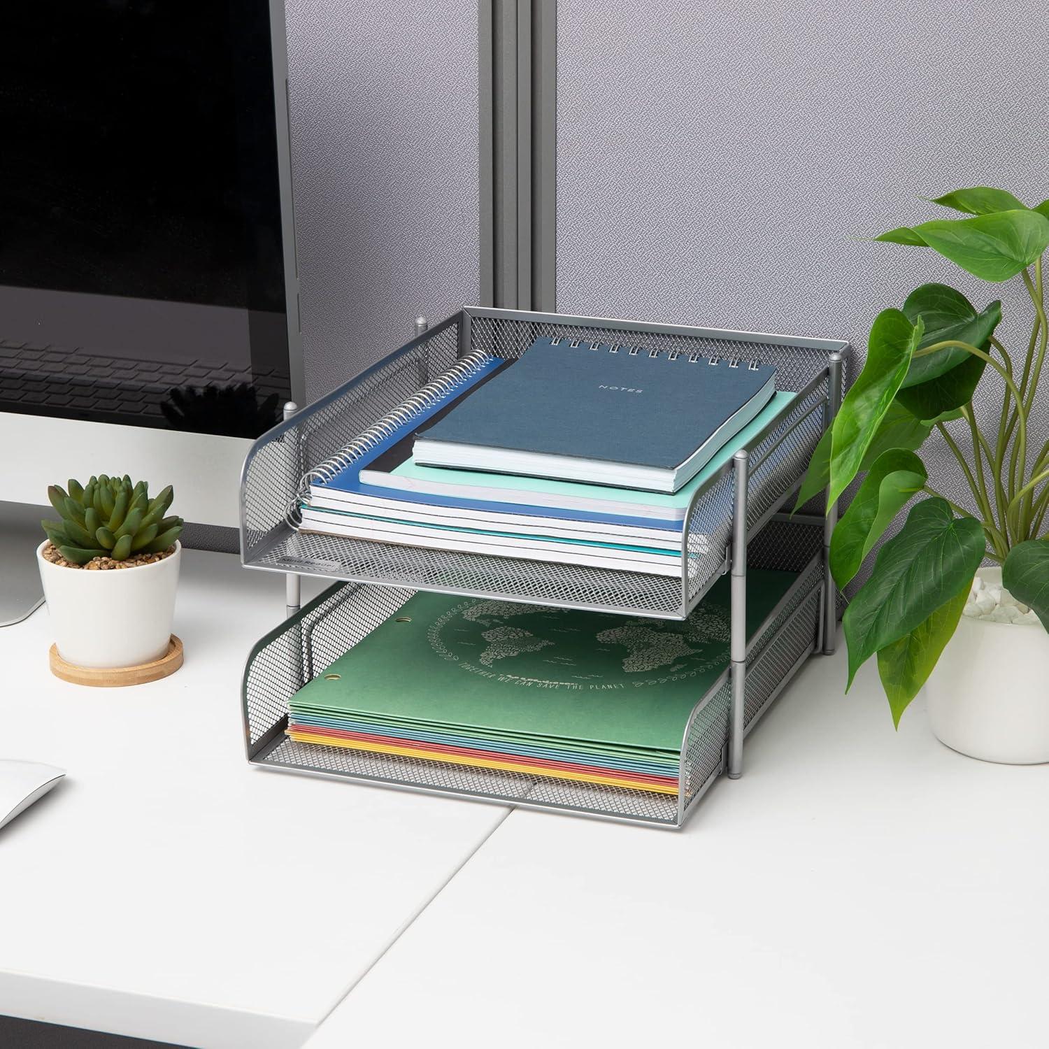 imageMind Reader Stackable Paper Tray Desktop Organizer File Storage Office Metal Mesh 2 Pcs PinkSilver
