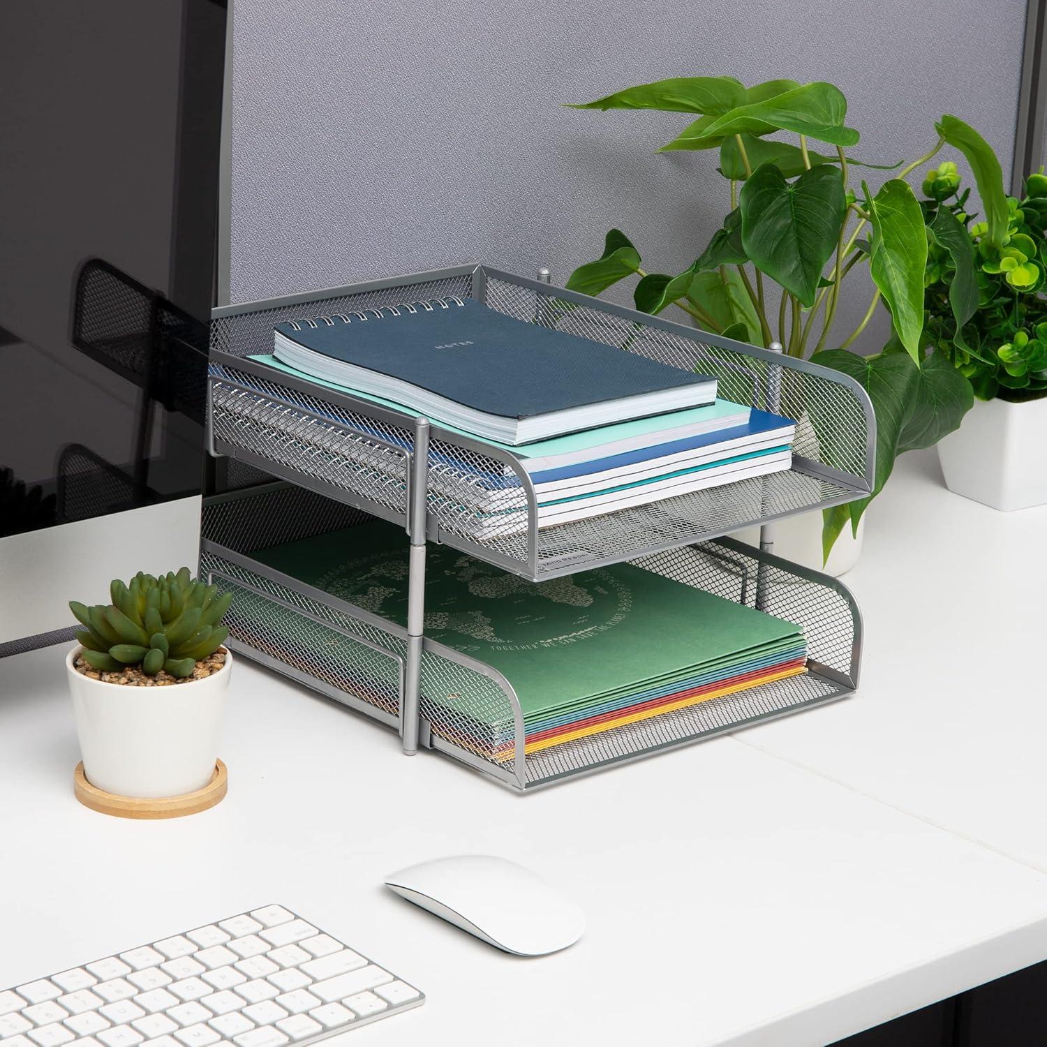 imageMind Reader Stackable Paper Tray Desktop Organizer File Storage Office Metal Mesh 2 Pcs PinkSilver