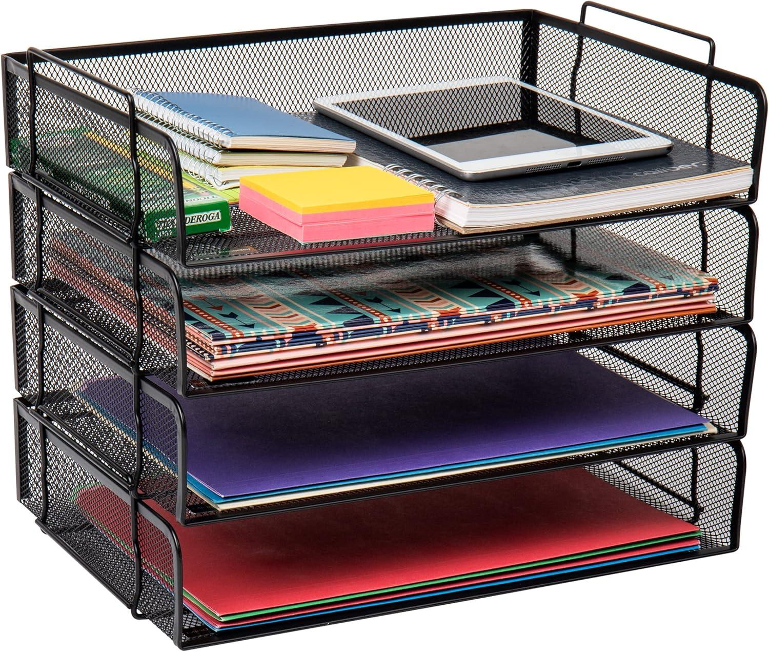 imageMind Reader Stackable Paper Tray Desktop Organizer File Storage Office Metal Mesh 4 Pcs PinkBlack