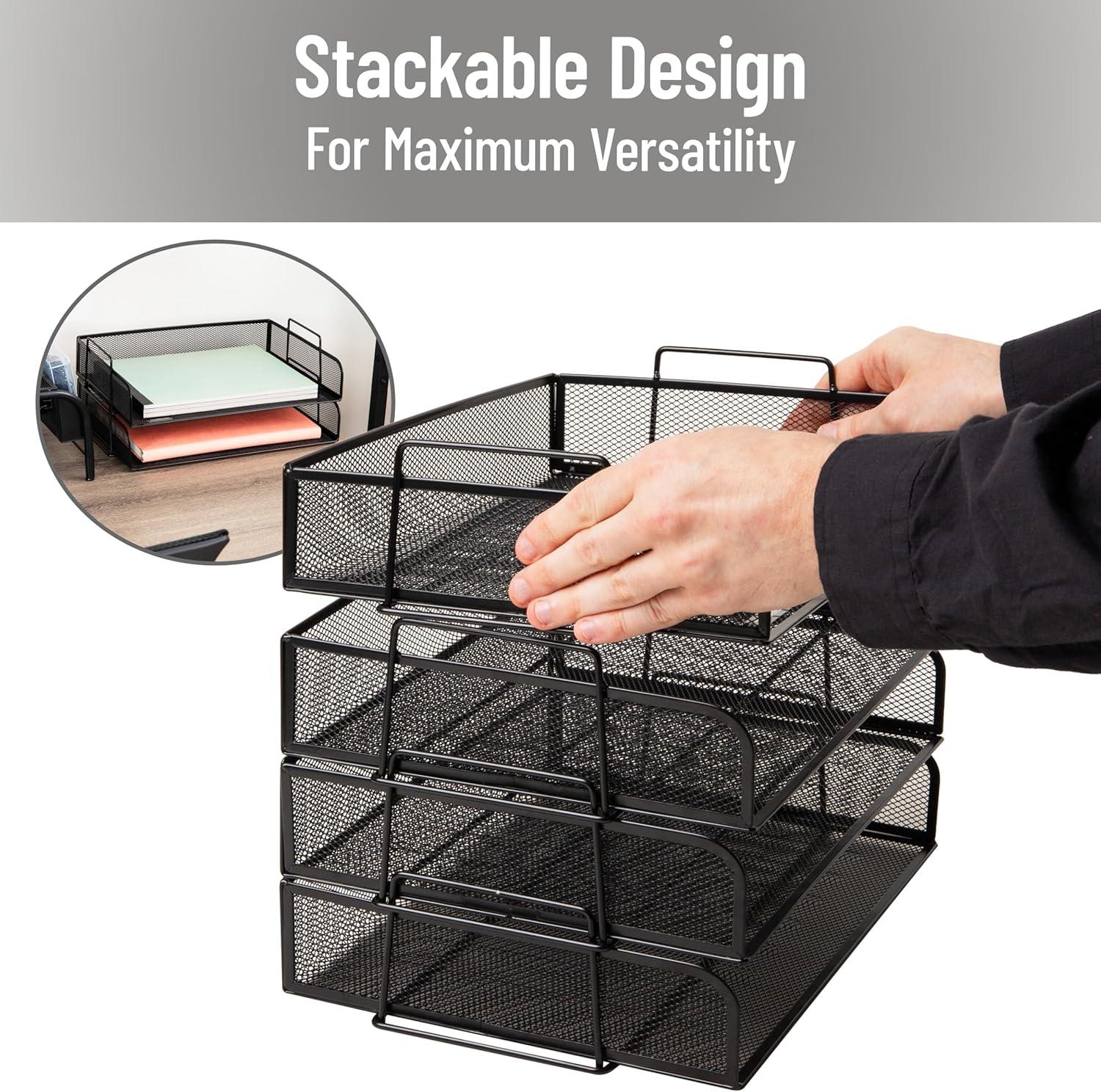 imageMind Reader Stackable Paper Tray Desktop Organizer File Storage Office Metal Mesh 4 Pcs PinkBlack