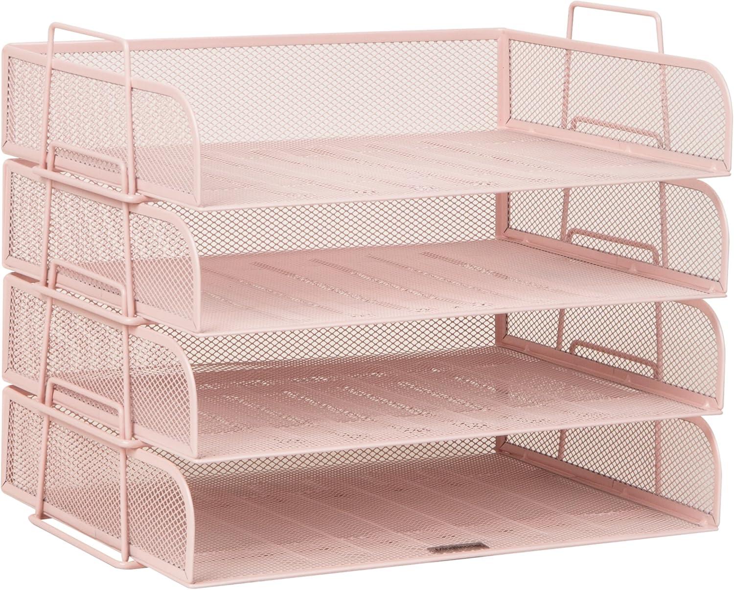 imageMind Reader Stackable Paper Tray Desktop Organizer File Storage Office Metal Mesh 4 Pcs PinkPink