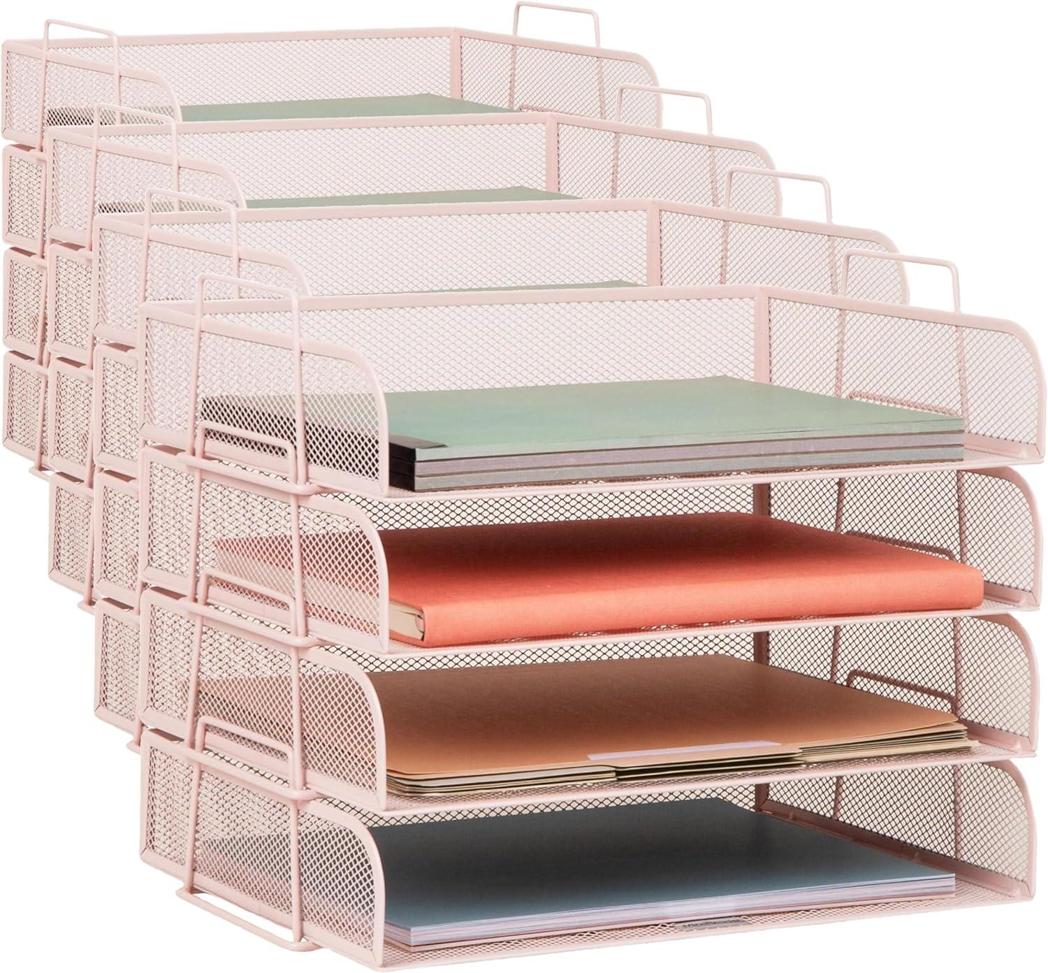 imageMind Reader Stackable Paper Tray Desktop Organizer File Storage Office Metal Mesh 4 Pcs PinkPink