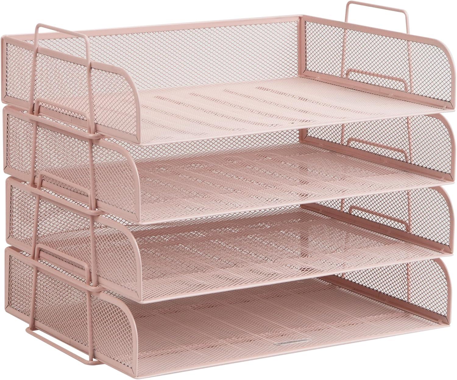 imageMind Reader Stackable Paper Tray Desktop Organizer File Storage Office Metal Mesh 4 Pcs PinkPink