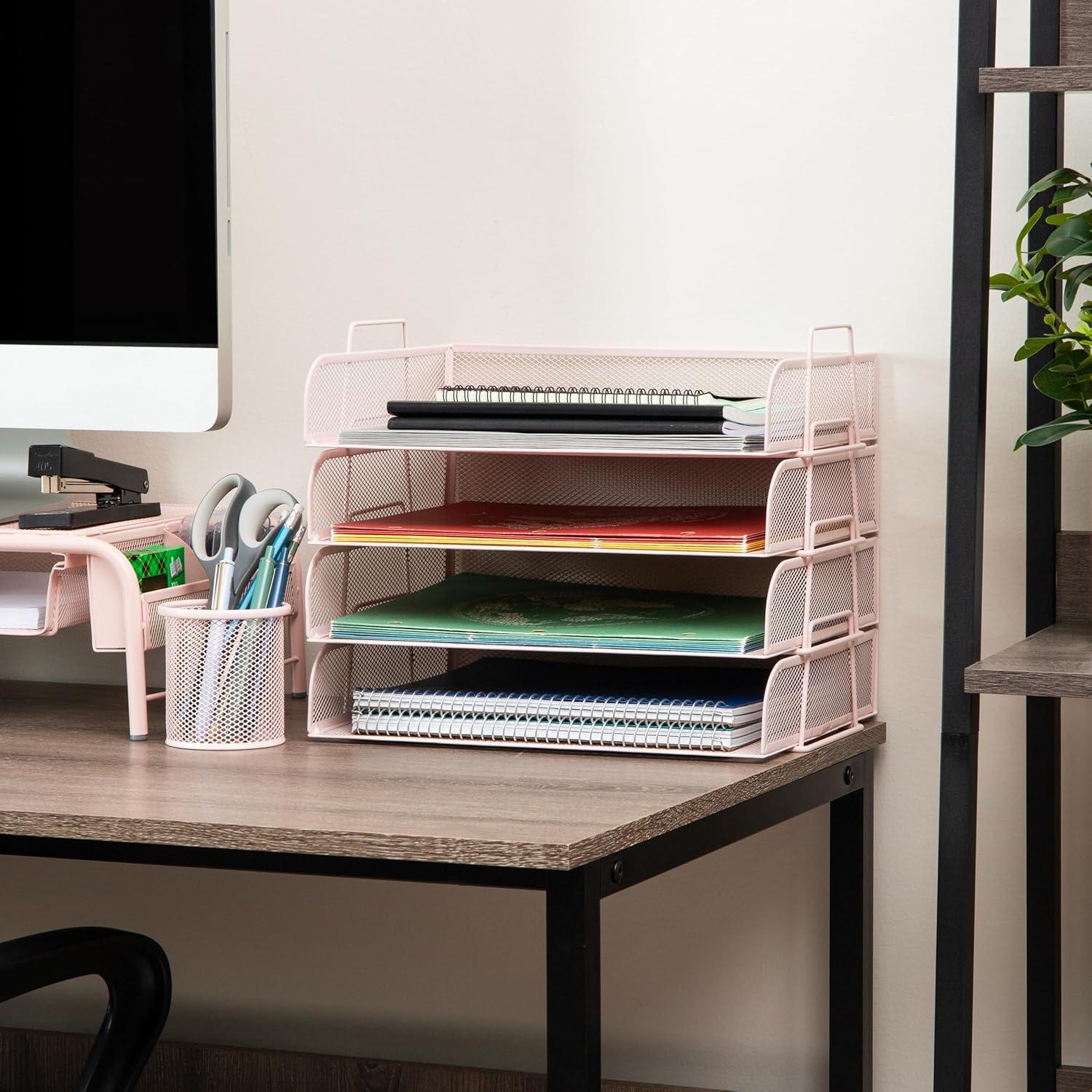 imageMind Reader Stackable Paper Tray Desktop Organizer File Storage Office Metal Mesh 4 Pcs PinkPink