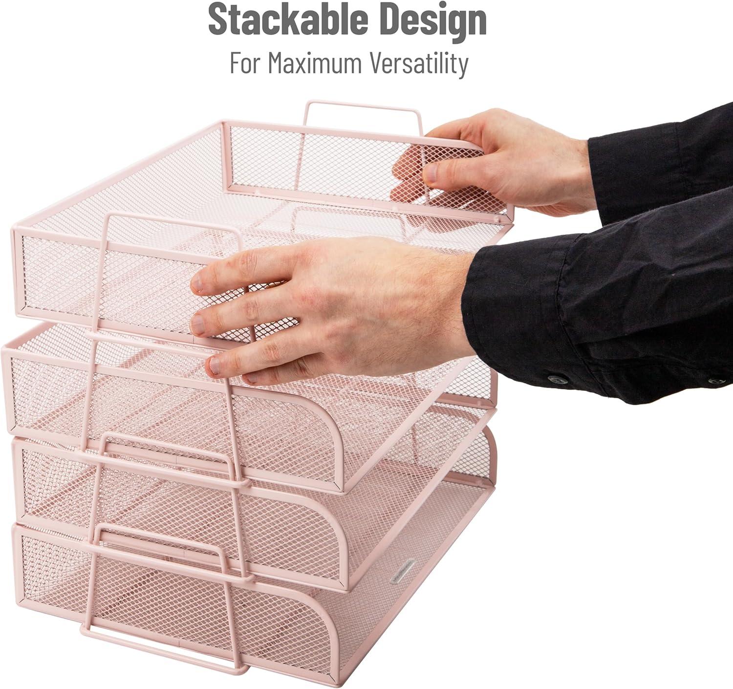 imageMind Reader Stackable Paper Tray Desktop Organizer File Storage Office Metal Mesh 4 Pcs PinkPink