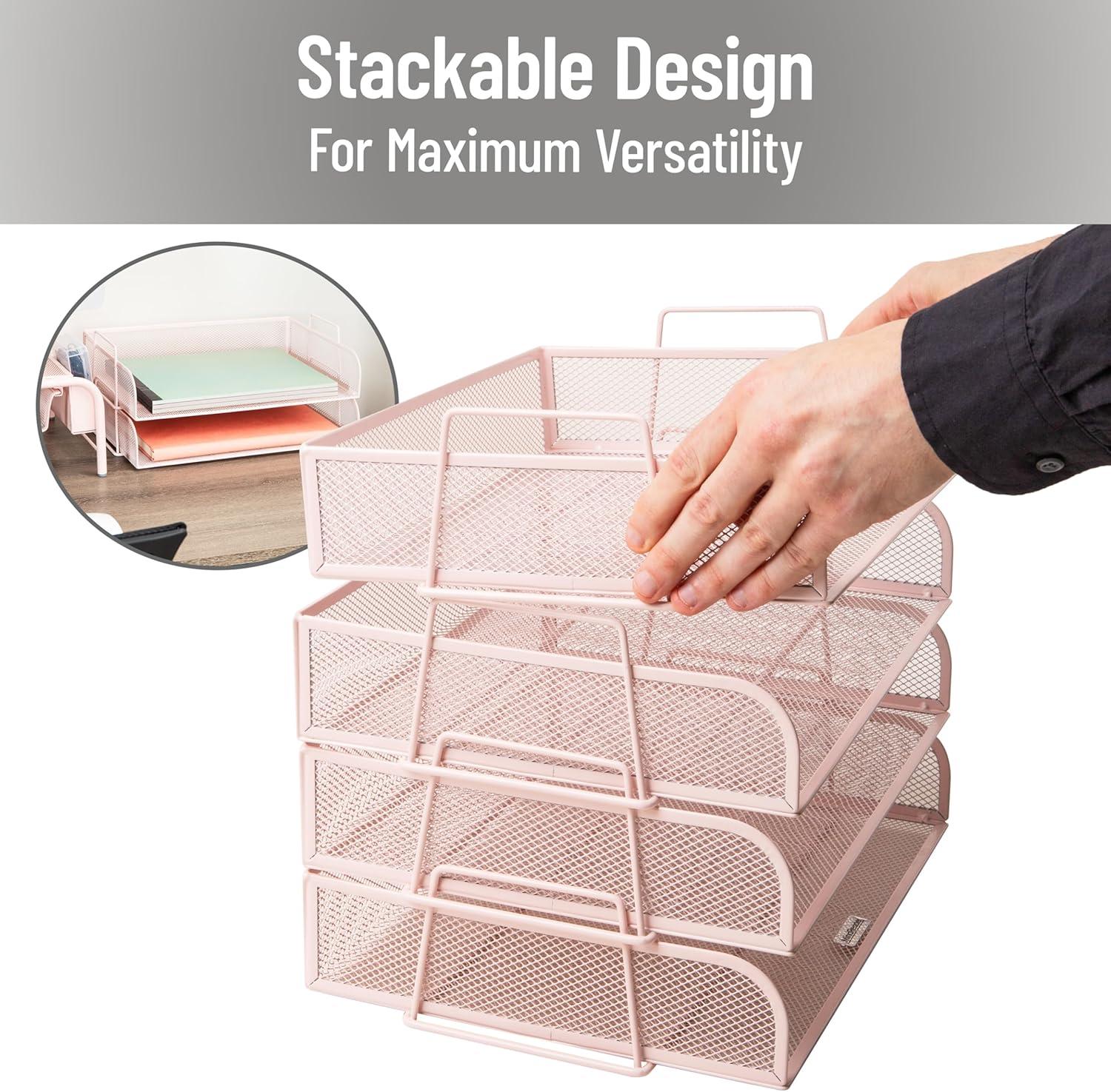 imageMind Reader Stackable Paper Tray Desktop Organizer File Storage Office Metal Mesh 4 Pcs PinkPink