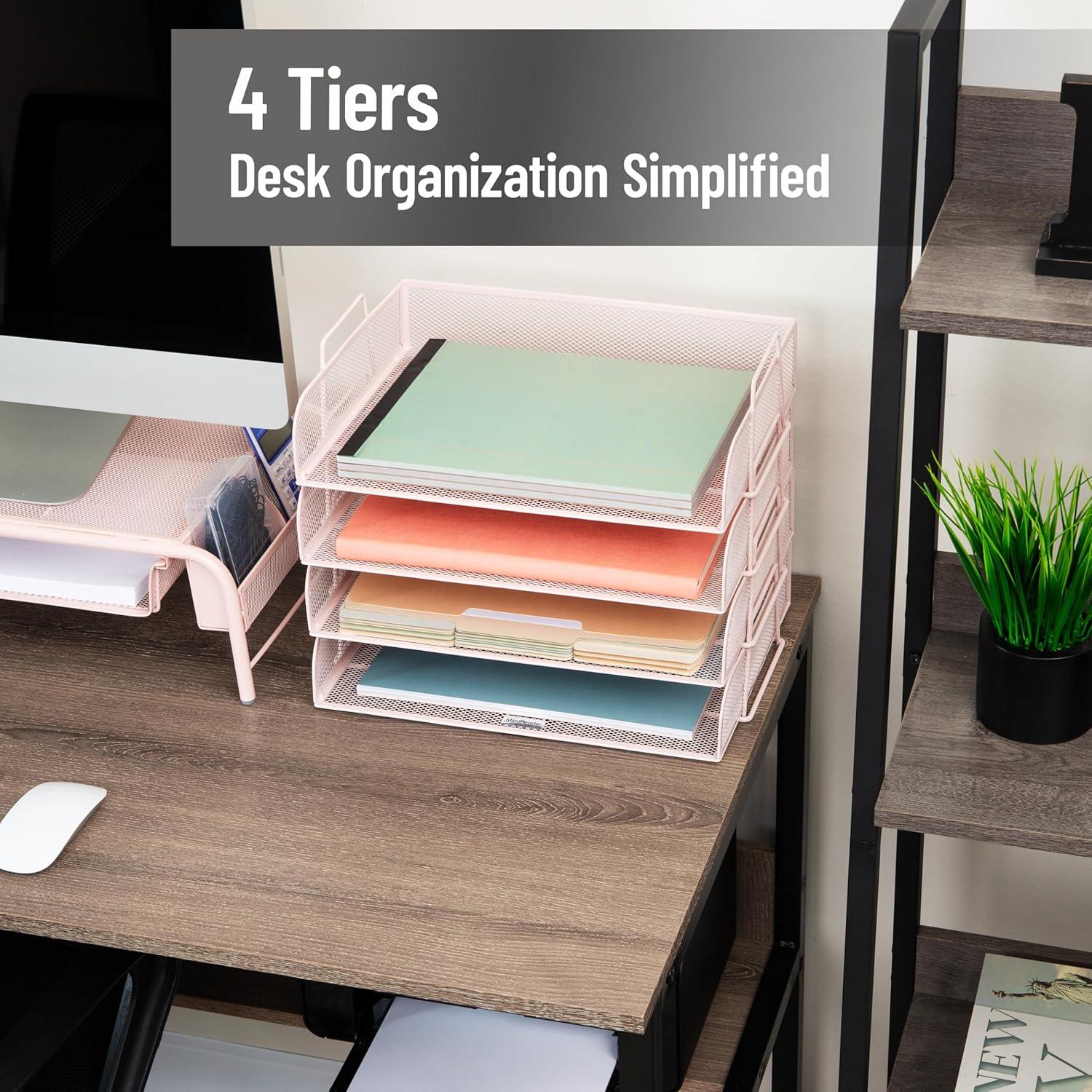 imageMind Reader Stackable Paper Tray Desktop Organizer File Storage Office Metal Mesh 4 Pcs PinkPink