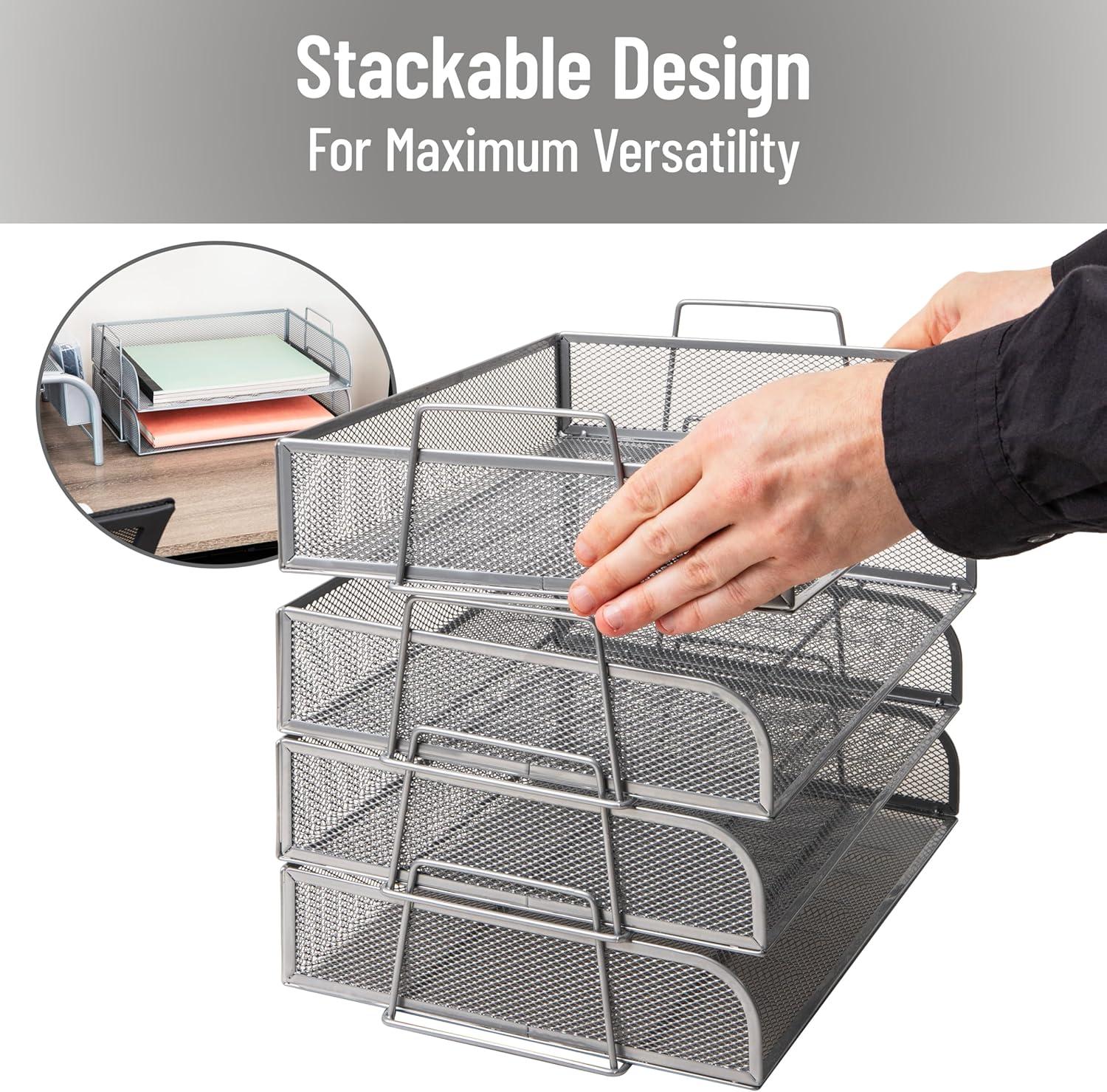imageMind Reader Stackable Paper Tray Desktop Organizer File Storage Office Metal Mesh 4 Pcs PinkSilver