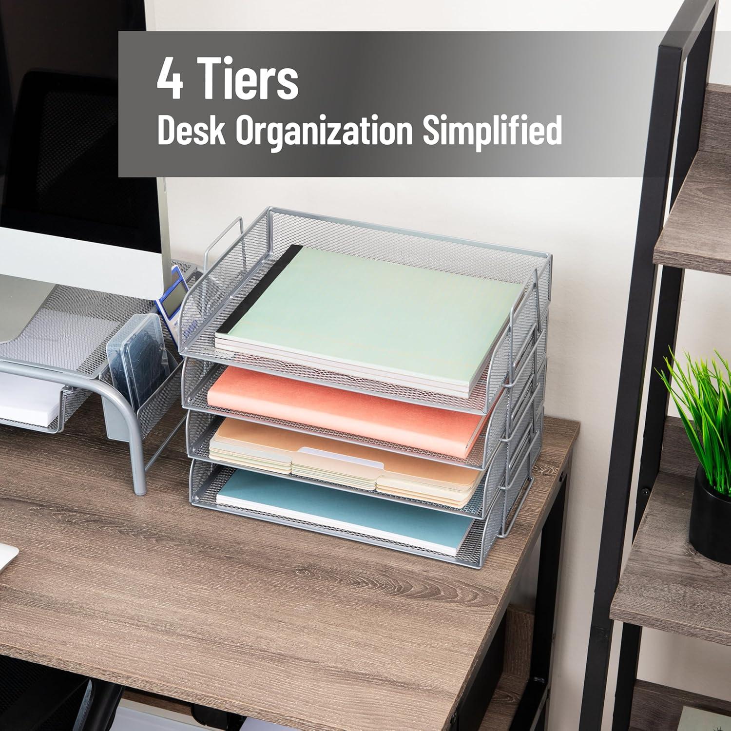 imageMind Reader Stackable Paper Tray Desktop Organizer File Storage Office Metal Mesh 4 Pcs PinkSilver
