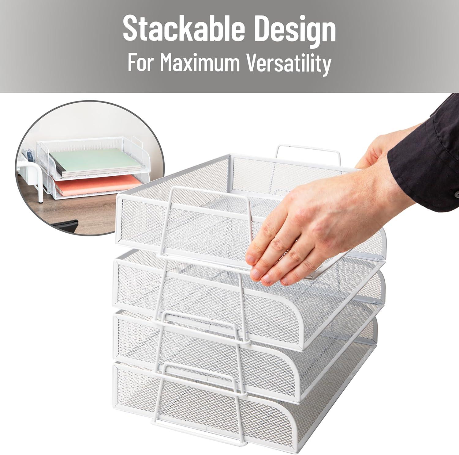 imageMind Reader Stackable Paper Tray Desktop Organizer File Storage Office Metal Mesh 4 Pcs PinkWhite