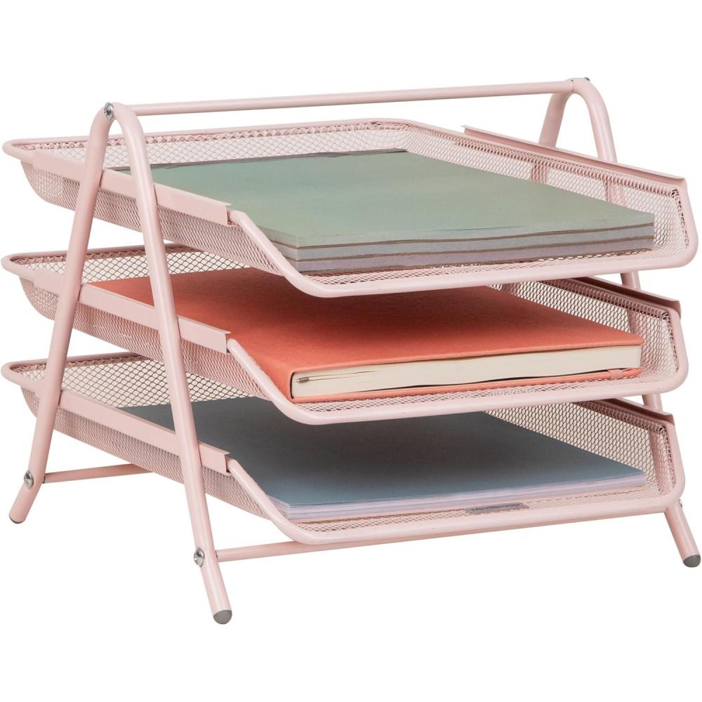 imageMind Reader 3Tier Paper Tray Desktop Organizer File Storage Workspace Office Metal Mesh 1175 L x 1375 W x 10 H Pink