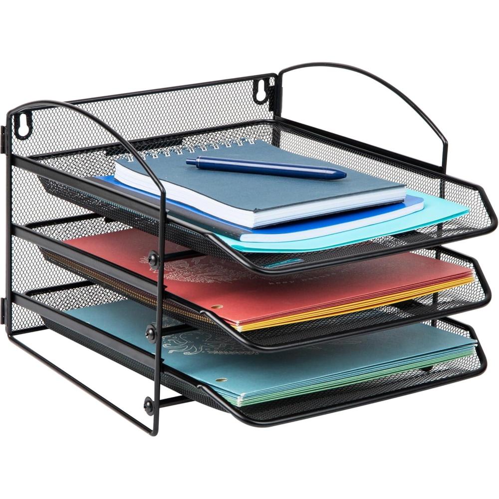imageMind Reader 3Tier Paper Tray File Storage Desktop Organizer Wall Mountable File Organization Metal Mesh Black3Tier