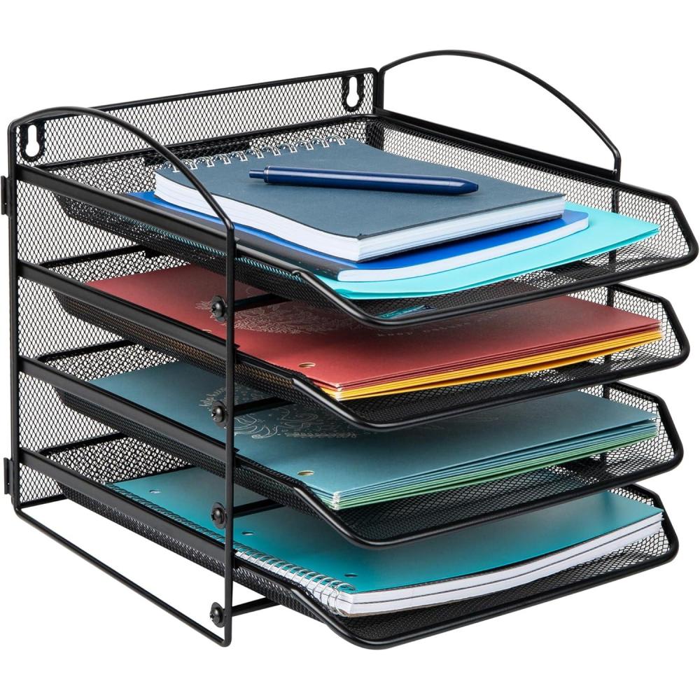 imageMind Reader 3Tier Paper Tray File Storage Desktop Organizer Wall Mountable File Organization Metal Mesh Black4Tier