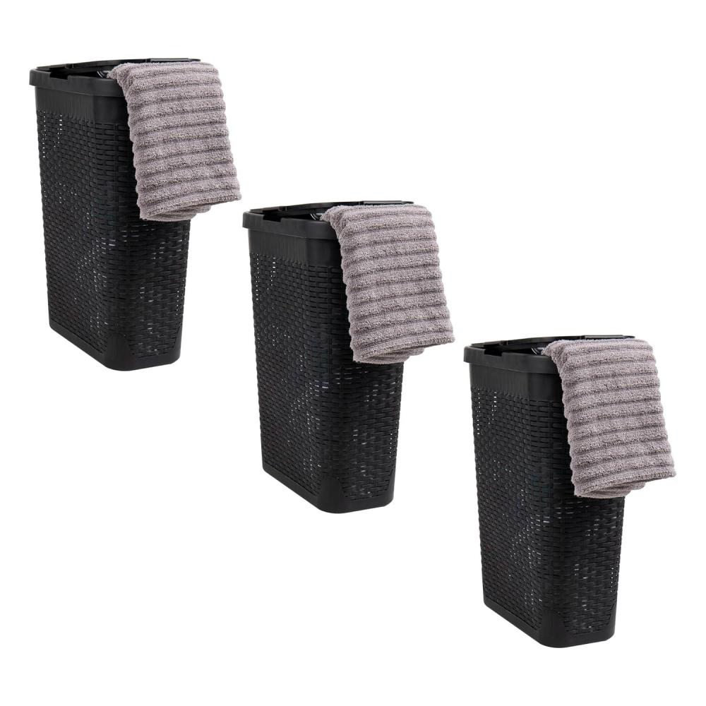 imageMind Reader 40L Slim Laundry Hamper Clothes Basket Lid Premium Wicker Design Plastic Set of 3 BlackBlack