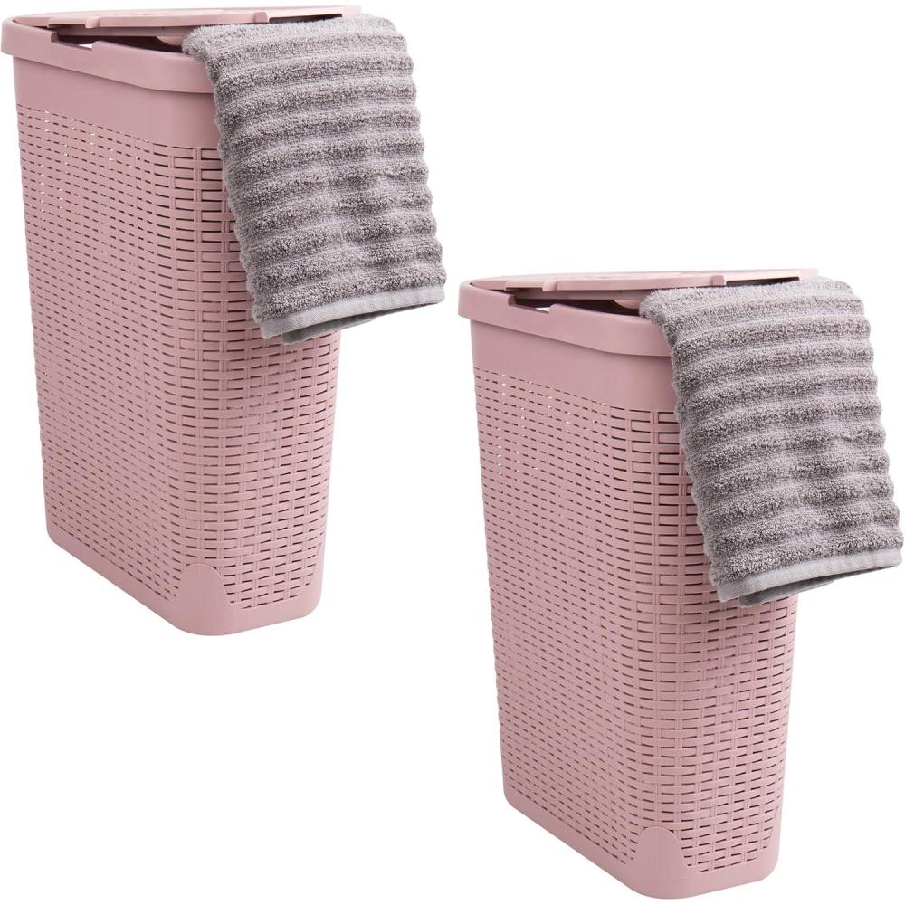 imageMind Reader 40L Slim Laundry Hamper Clothes Basket Lid Wicker Design Plastic 18L x 104W x 235H Set of 2 Pink