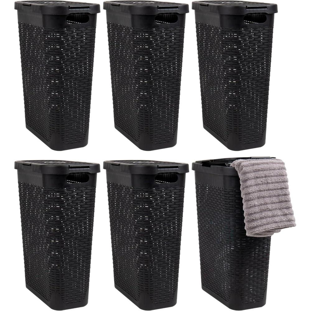 imageMind Reader 40L Slim Laundry Hamper Clothes Basket Lid Wicker Design Plastic 18L x 104W x 235H Set of 6 Black