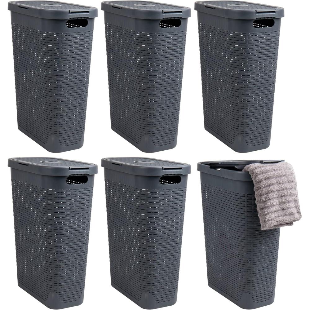 imageMind Reader 40L Slim Laundry Hamper Clothes Basket Lid Wicker Design Plastic 18L x 104W x 235H Set of 6 Gray