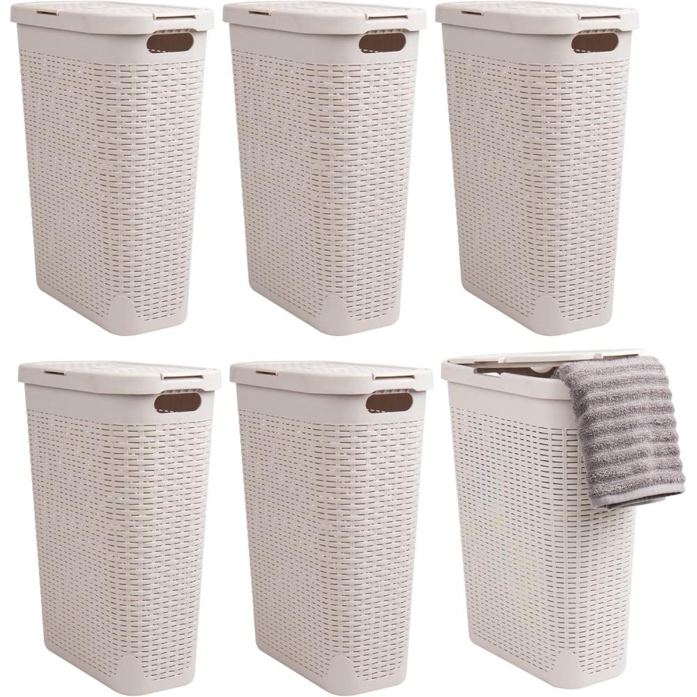 imageMind Reader 40L Slim Laundry Hamper Clothes Basket Lid Wicker Design Plastic 18L x 104W x 235H Set of 6 Ivory