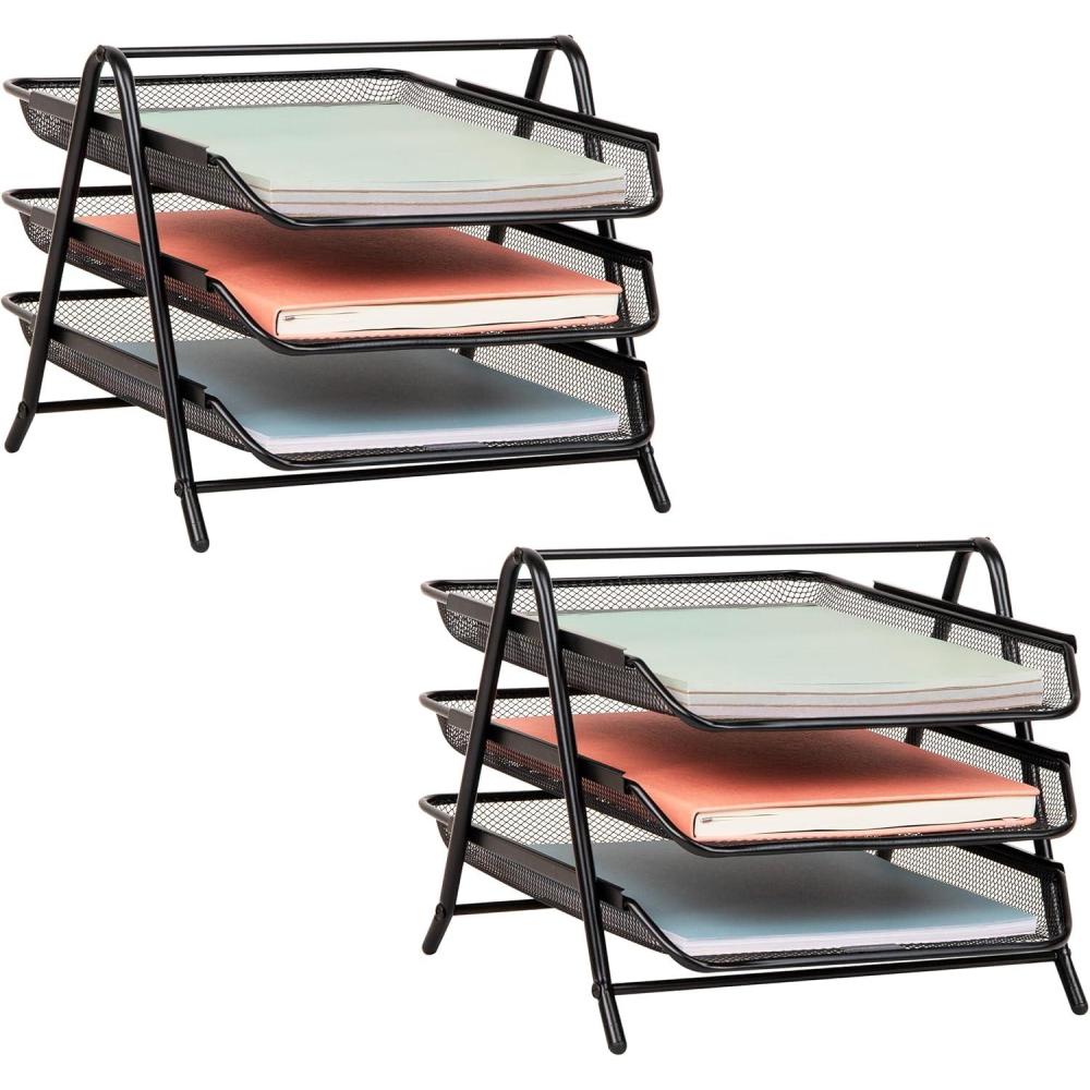 imageMind Reader 4Tier Paper Tray Desktop Organizer File Storage Office Metal Mesh 12 L x 1375 W x 125 H Pack of 2 Black2 Pack