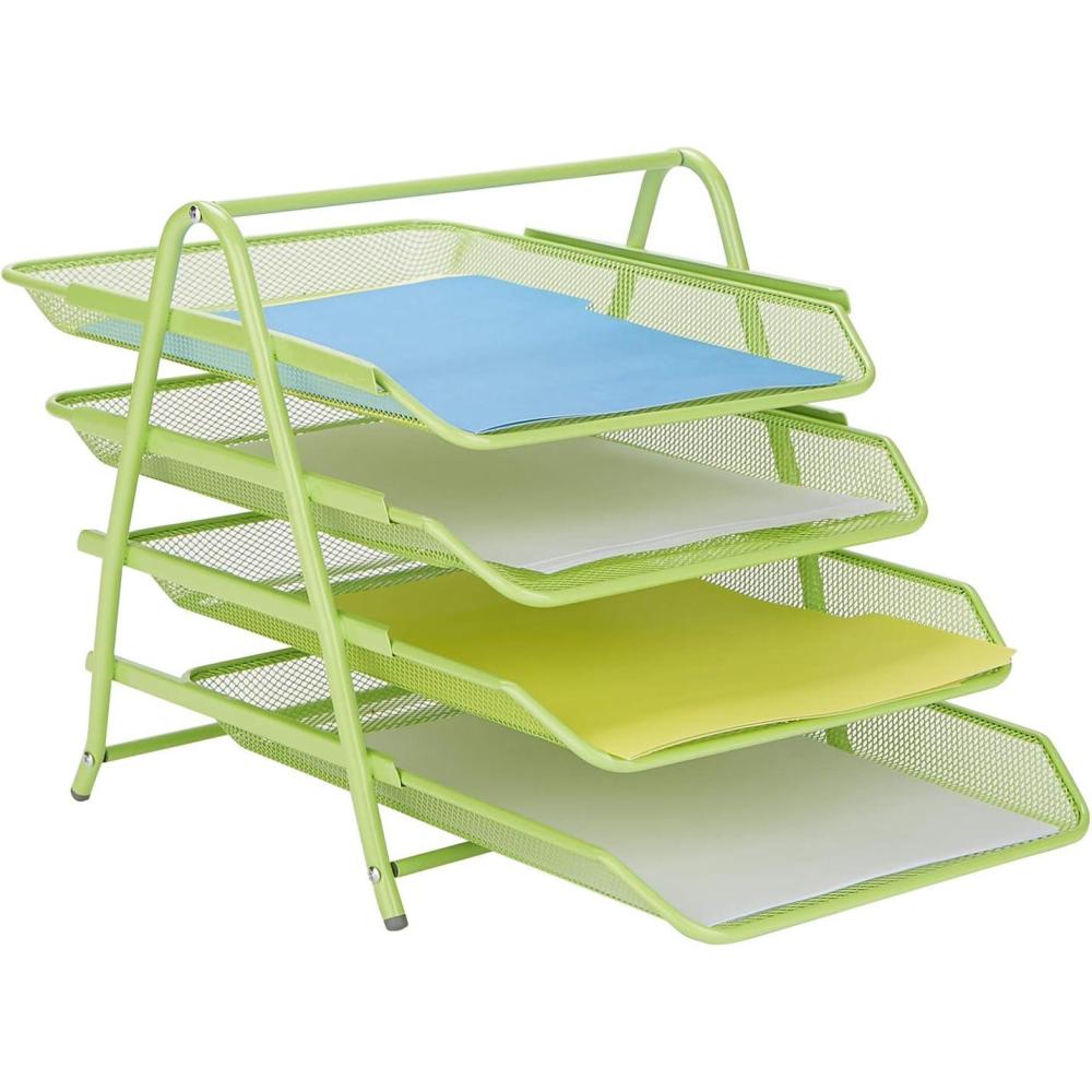 imageMind Reader 4Tier Paper Tray Desktop Organizer File Storage Workspace Office Metal Mesh 1175 L x 1375 W x 125 H PinkGreen