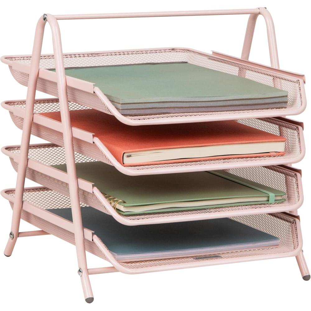 imageMind Reader 4Tier Paper Tray Desktop Organizer File Storage Workspace Office Metal Mesh 1175 L x 1375 W x 125 H PinkPink