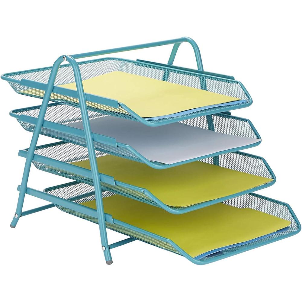 imageMind Reader 4Tier Paper Tray Desktop Organizer File Storage Workspace Office Metal Mesh 1175 L x 1375 W x 125 H PinkTurquoise