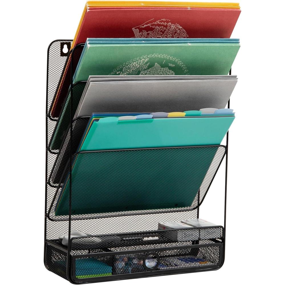 imageMind Reader 4Tier Vertical File Storage Desktop Organizer Wall Mount Office Metal Mesh 125L x 4W x 165H SilverBlack