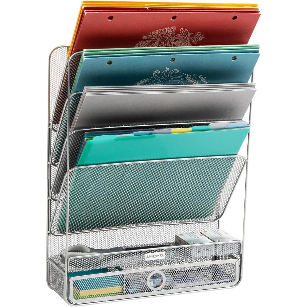 imageMind Reader 4Tier Vertical File Storage Desktop Organizer Wall Mount Office Metal Mesh 125L x 4W x 165H SilverSilver