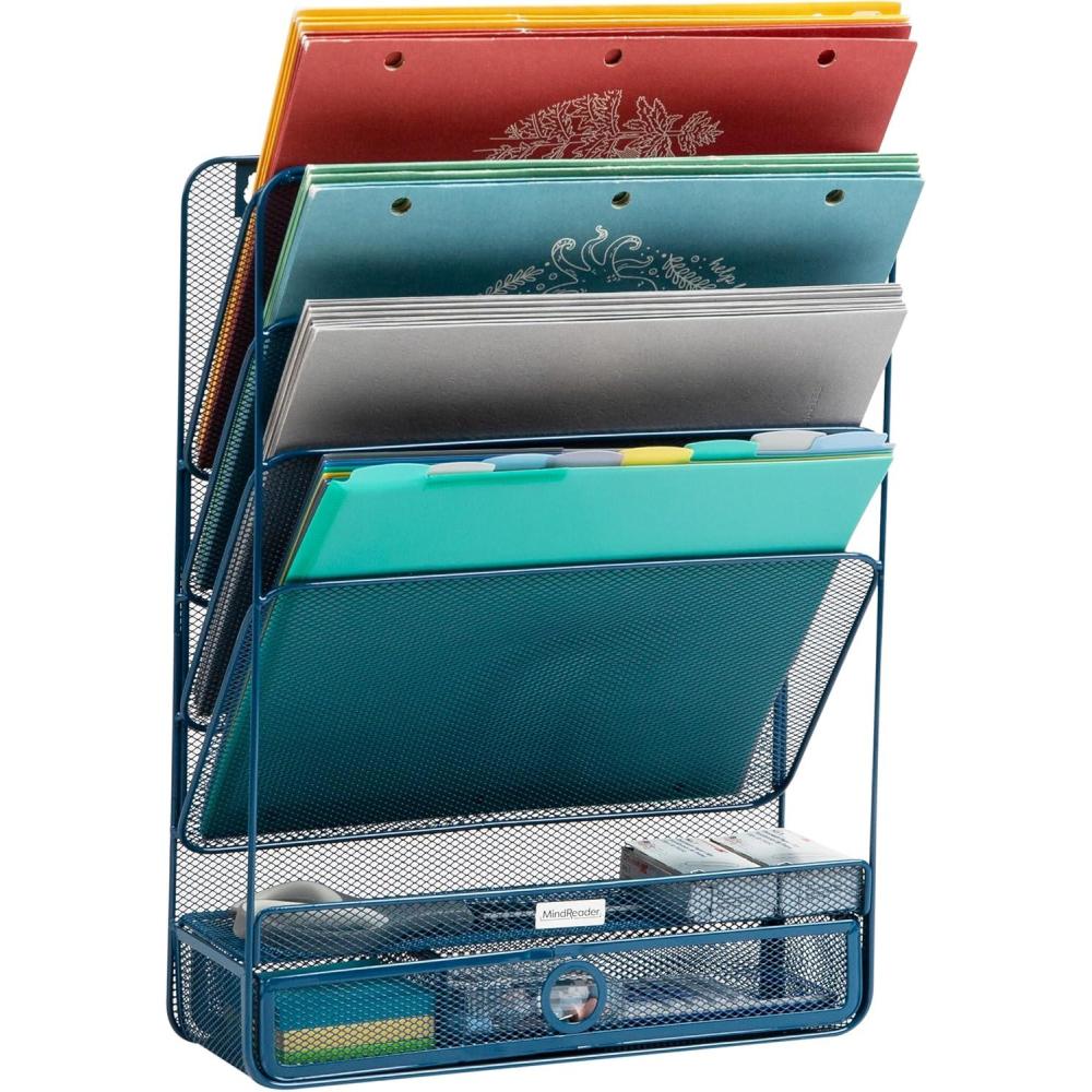 imageMind Reader 4Tier Vertical File Storage Desktop Organizer Wall Mount Office Metal Mesh 125L x 4W x 165H SilverTurquoise