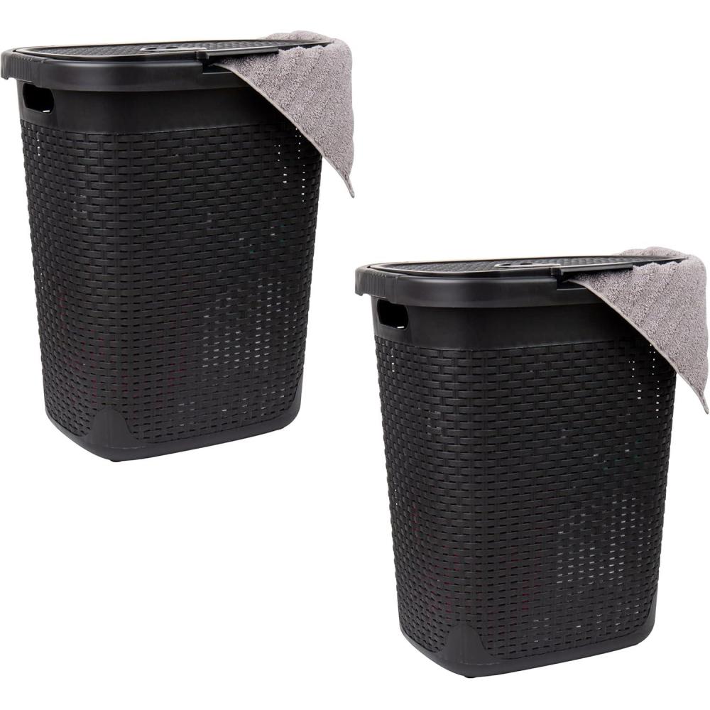 imageMind Reader 50L Slim Laundry Hamper Clothes Basket Lid Wicker Design Plastic 1765L x 1375W x 21H BlueBlack