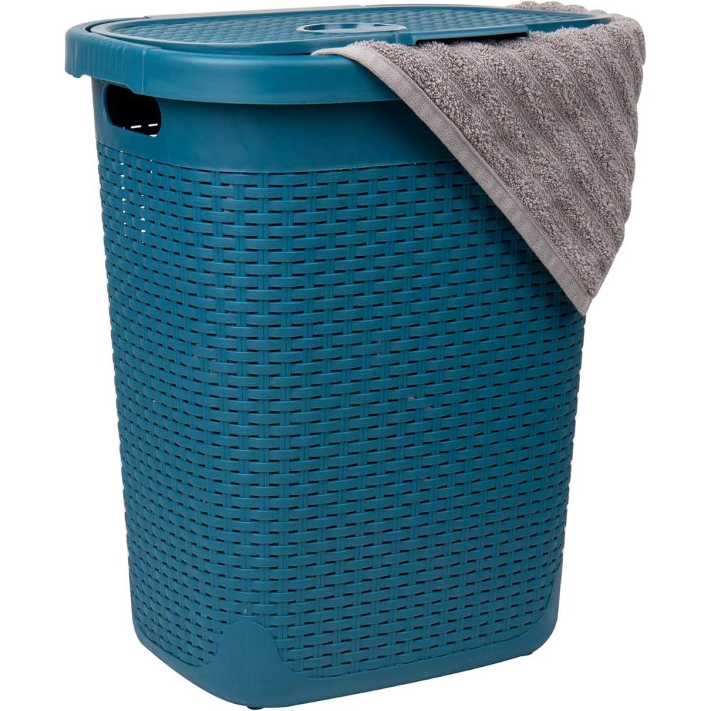 imageMind Reader 50L Slim Laundry Hamper Clothes Basket Lid Wicker Design Plastic 1765L x 1375W x 21H BlueBlue