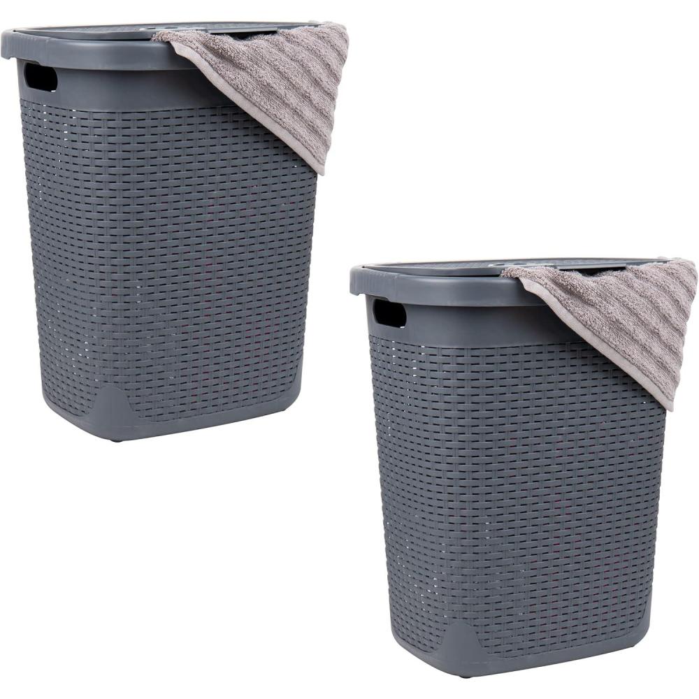 imageMind Reader 50L Slim Laundry Hamper Clothes Basket Lid Wicker Design Plastic 1765L x 1375W x 21H BlueGray