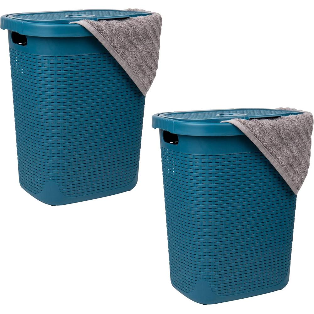 imageMind Reader 50L Slim Laundry Hamper Clothes Basket Lid Wicker Design Plastic 1765L x 1375W x 21H Set of 2 PinkBlue