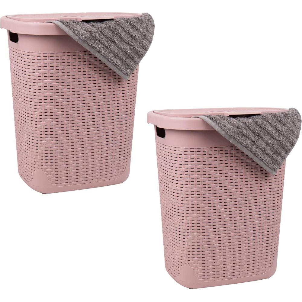 imageMind Reader 50L Slim Laundry Hamper Clothes Basket Lid Wicker Design Plastic 1765L x 1375W x 21H Set of 2 PinkPink