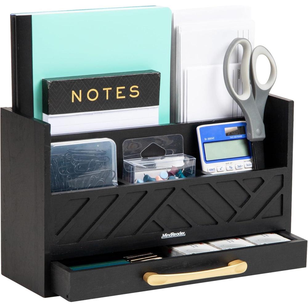 imageMind Reader 5Compartment Desktop Organizer Rustic Wooden Storage Rack with Drawer for Papers Accessories and Office Supplies 125 L x 425 W x 75 H Black