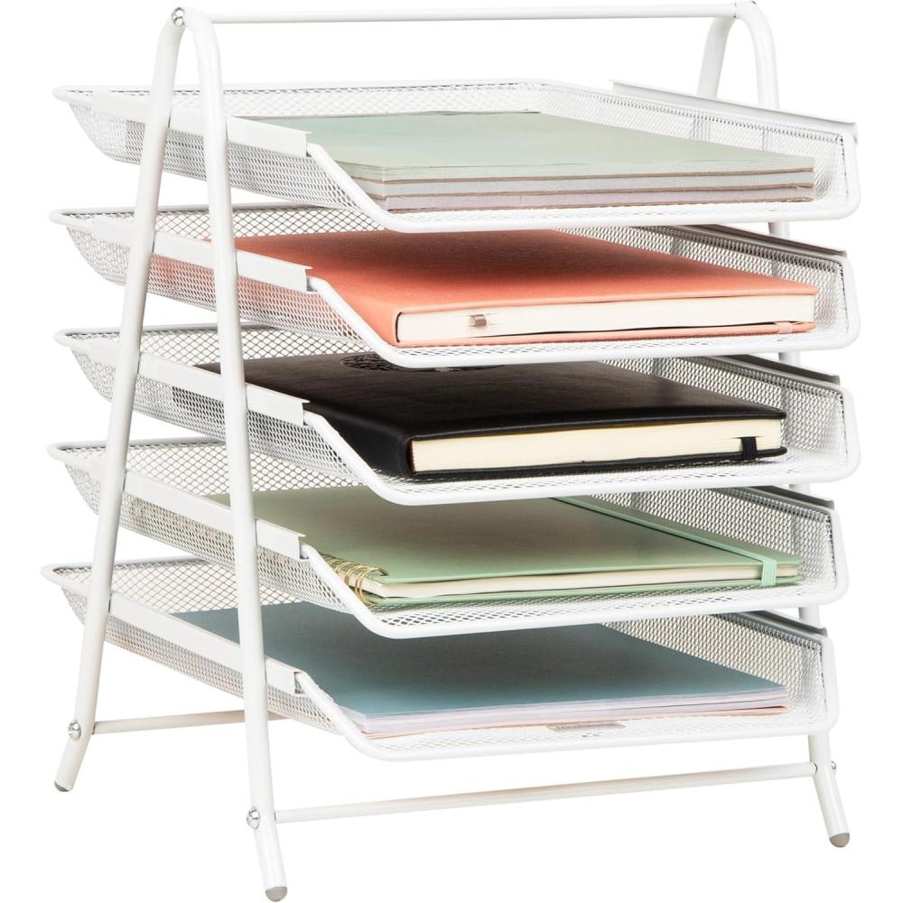 imageMind Reader 5Tier Paper Tray Organizer with Multicolor Trays Classroom File Organizer for Teachers Metal Mesh Assorted ColorsWhite
