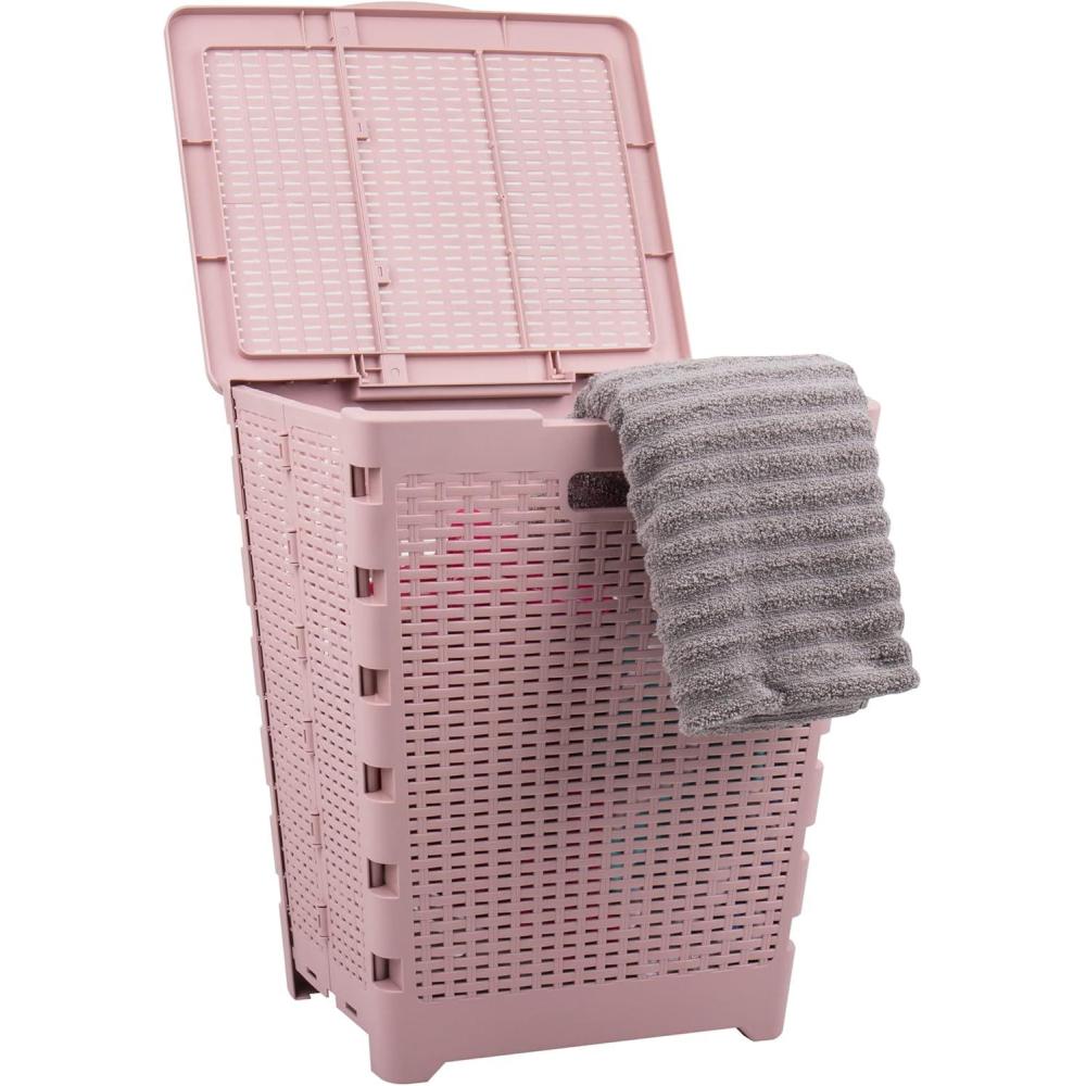 imageMind Reader 61L Foldable Laundry Hamper Clothes Basket Lid Wicker Design Plastic 18L x 145W x 2125H BlackPink