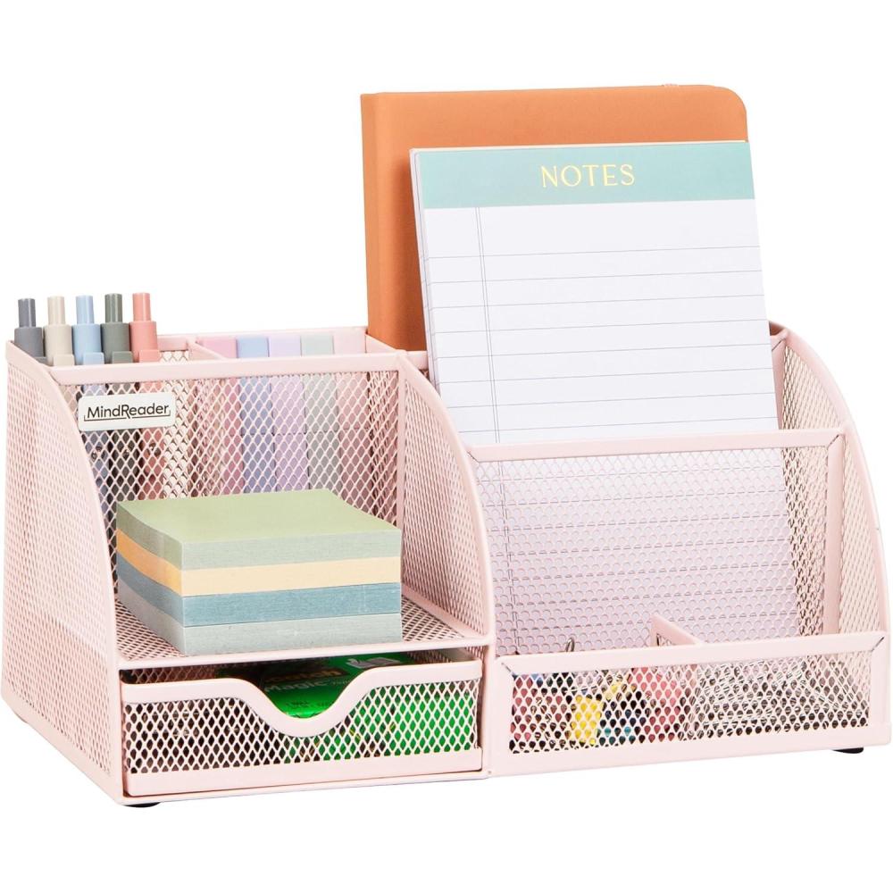 imageMind Reader 7Compartment Desktop Organizer File amp Accessory Storage Metal Mesh Office Organizer for Desk Workspace Mail PinkPink