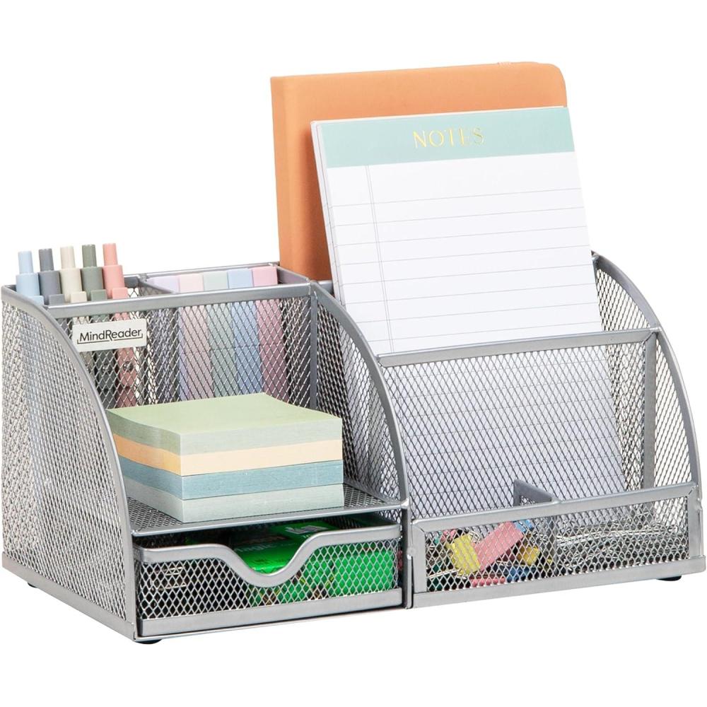 imageMind Reader 7Compartment Desktop Organizer File amp Accessory Storage Metal Mesh Office Organizer for Desk Workspace Mail PinkSilver