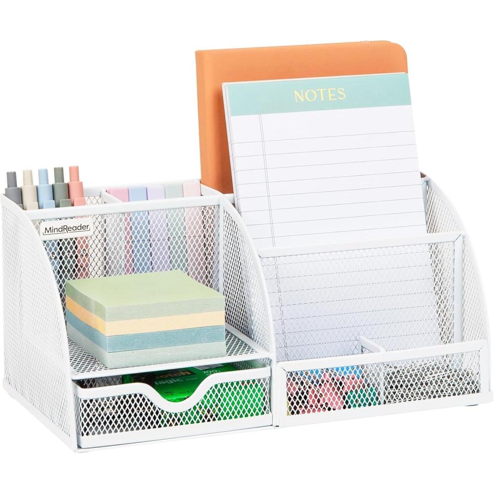 imageMind Reader 7Compartment Desktop Organizer File amp Accessory Storage Metal Mesh Office Organizer for Desk Workspace Mail PinkWhite