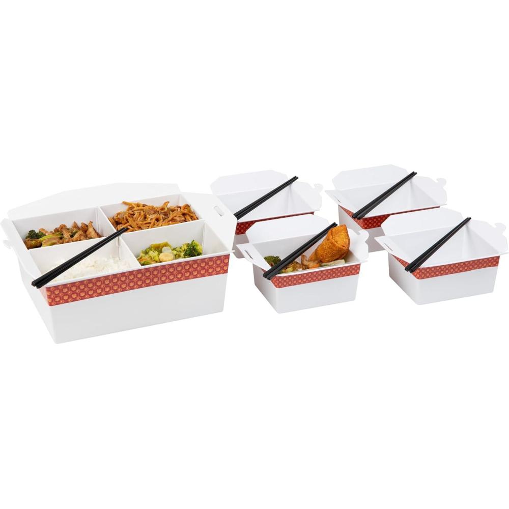 imageMind Reader Chinese Take Out Serving Set Divided Serving Tray 4 Bowls Melamine 15 L x 13 W x 55 H 5 pcs White