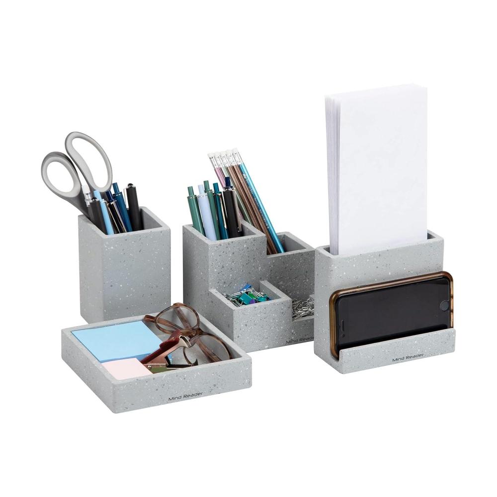 imageMind Reader Desktop Organizer Set 4 Pcs Pen Cup Catch All Tray Phone Holder Office Cement 5 L x 5 W x 4 H Gray